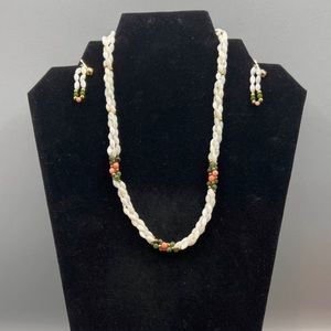 Vintage Mother of pearl, Coral, & Jade Matching necklace and earrings set